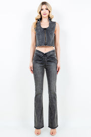 American Bazi Zip Up Washed Crop Denim Vest - Fashionmj