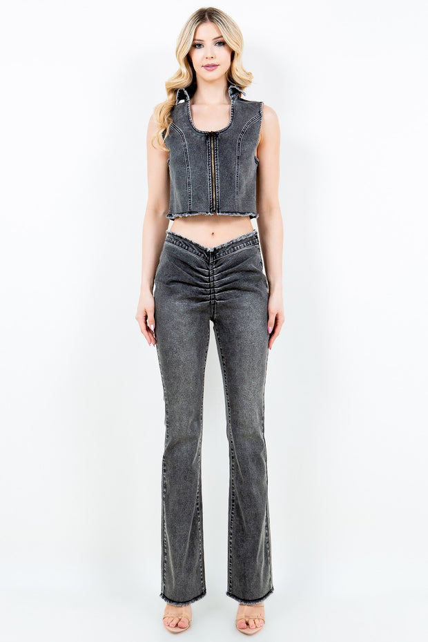 American Bazi Zip Up Washed Crop Denim Vest - Fashionmj