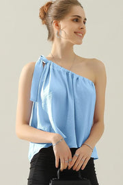 Ninexis One Shoulder Bow Tie Strap Satin Silk Top - Fashionmj