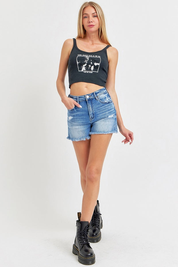 RISEN Full Size High Rise Distressed Raw Hem Denim Shorts - Fashionmj