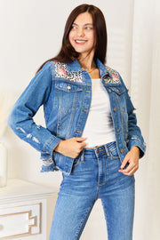 Baeful Leopard Floral Distressed Raw Hem Denim Jacket - Fashionmj