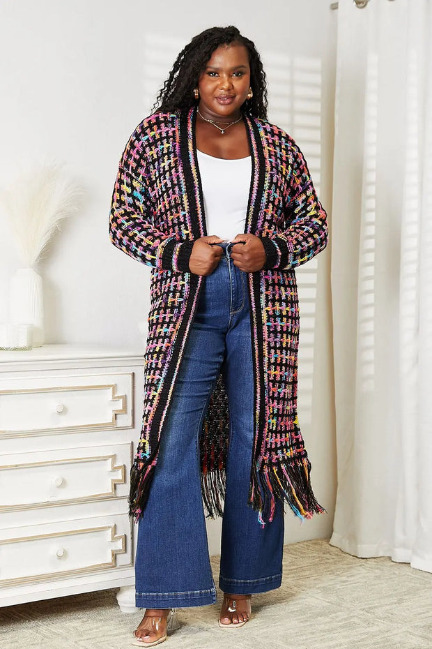 Full Size Multicolored Open Front Fringe Hem Cardigan - Fashionmj