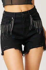 RISEN Frayed Hem Denim Shorts with Fringe Detail Pockets - Fashionmj