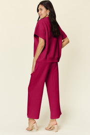 Double Take Full Size Texture Half Zip Short Sleeve Top and Pants Set - Fashionmj