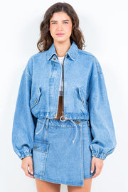 American Bazi Drawstring Waist Crop Denim Jacket - Fashionmj