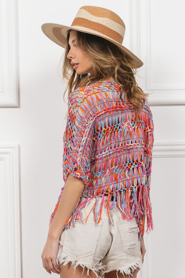 BiBi Open Front Fringed Crop Knit Cardigan - Fashionmj