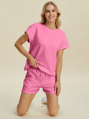 Double Take Full Size Texture T-Shirt and Shorts Set - Fashionmj