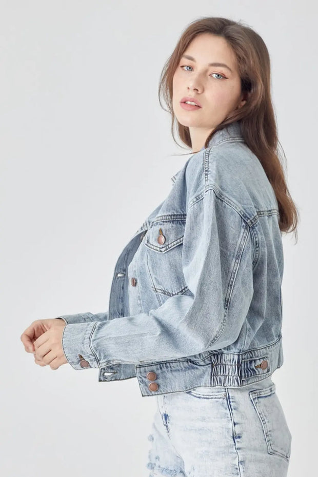 RISEN Full Size Button Down Cropped Denim Jacket - Fashionmj