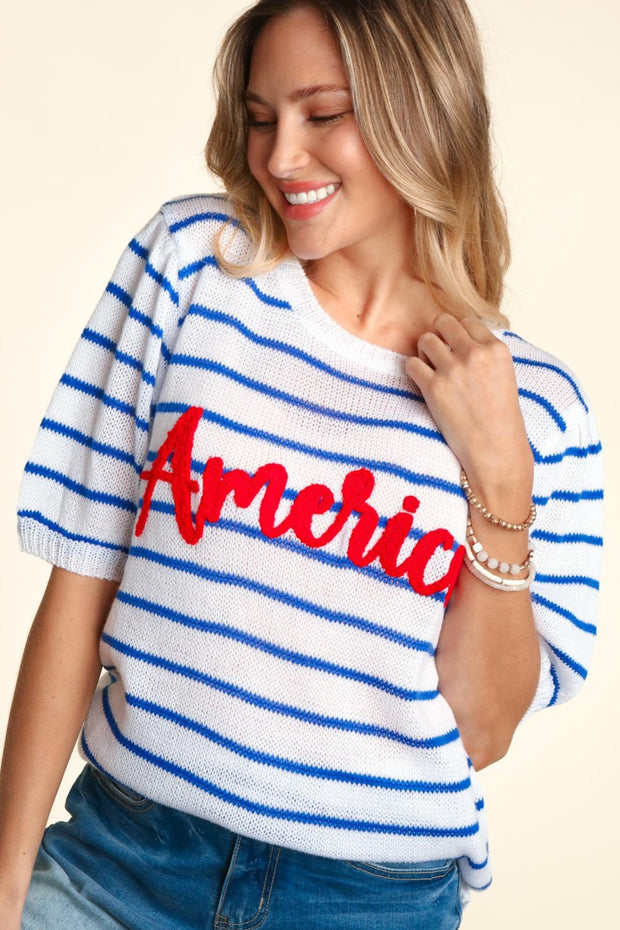 Haptics Letter Embroidery Striped Knit Top - Fashionmj