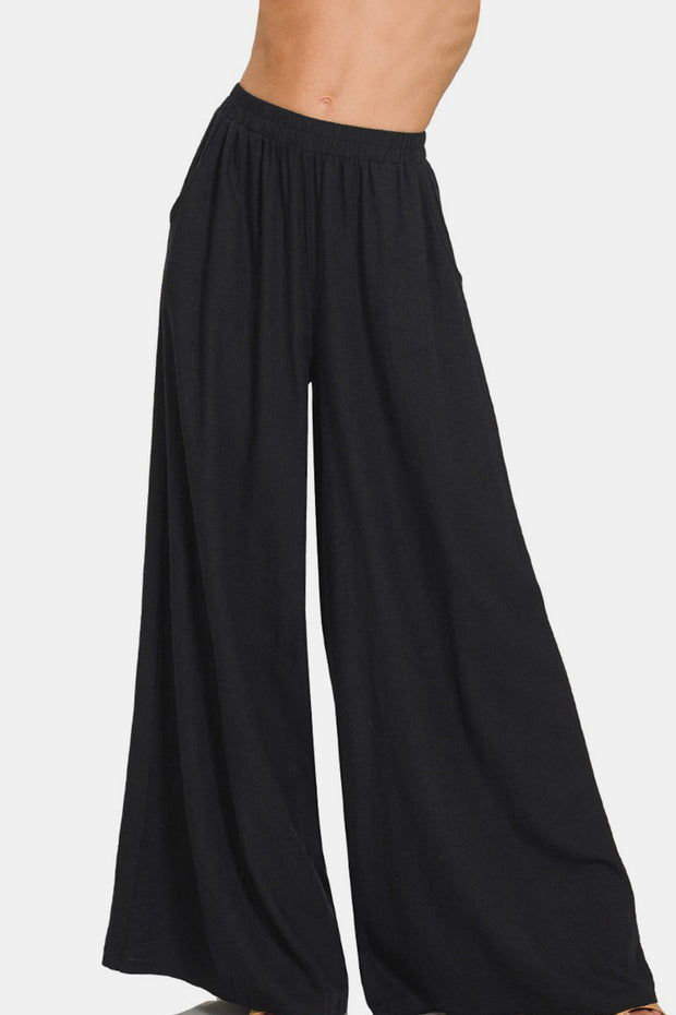 Zenana Pleated Linen Blend Wide Leg Pants - Fashionmj