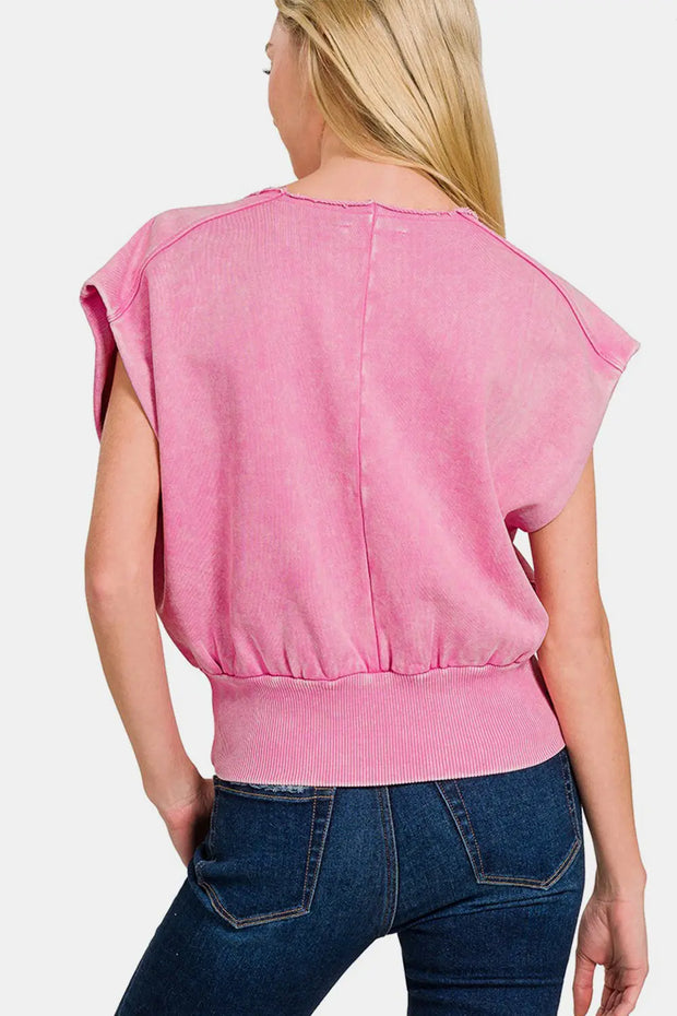 Zenana Washed Boat Neck Bottom Banded Dolman Sleeve Top - Fashionmj