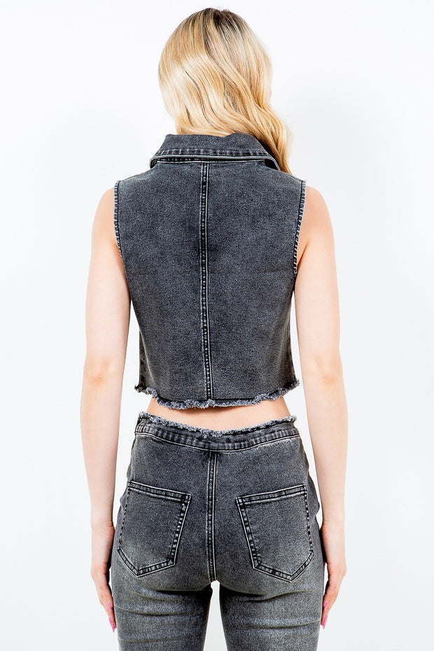 American Bazi Zip Up Washed Crop Denim Vest - Fashionmj