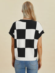 Double Take Full Size Checkered Round Neck Short Sleeve Sweater - Fashionmj