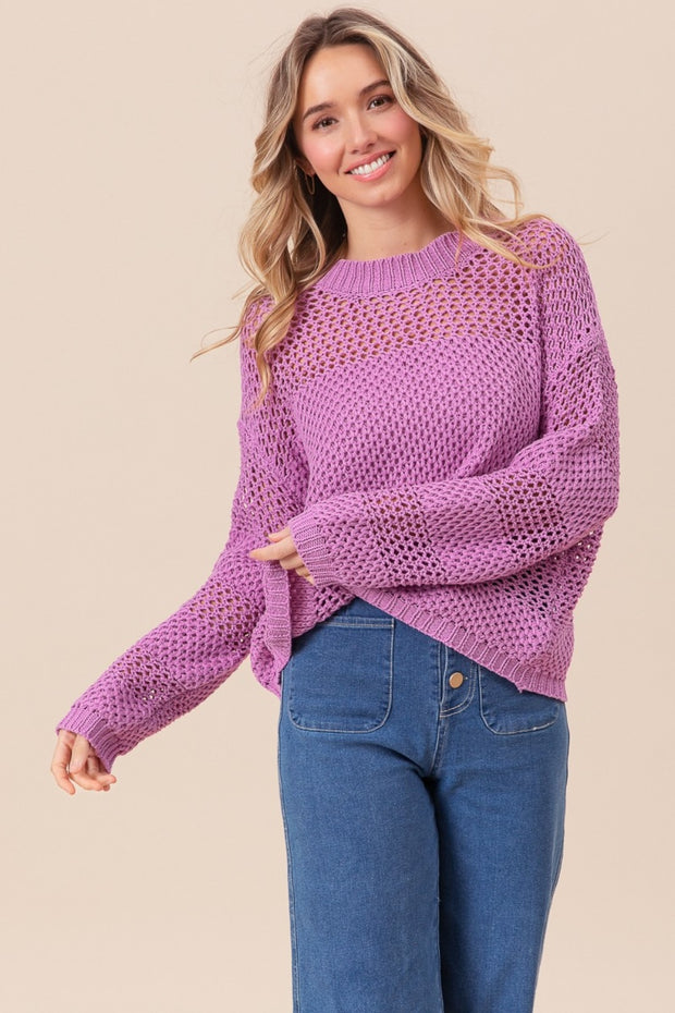 BiBi Openwork Long Sleeve Knit Top - Fashionmj