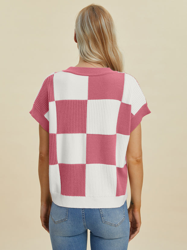 Double Take Full Size Checkered Round Neck Short Sleeve Sweater - Fashionmj