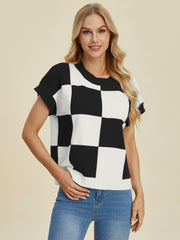 Double Take Full Size Checkered Round Neck Short Sleeve Sweater - Fashionmj