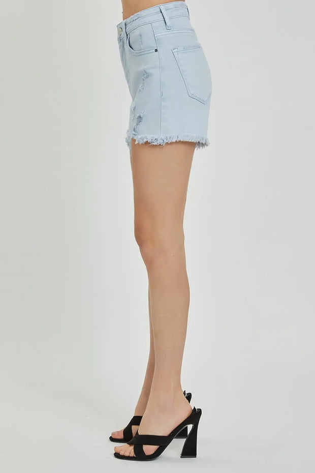 RISEN Full Size High Rise Distressed Detail Denim Shorts - Fashionmj