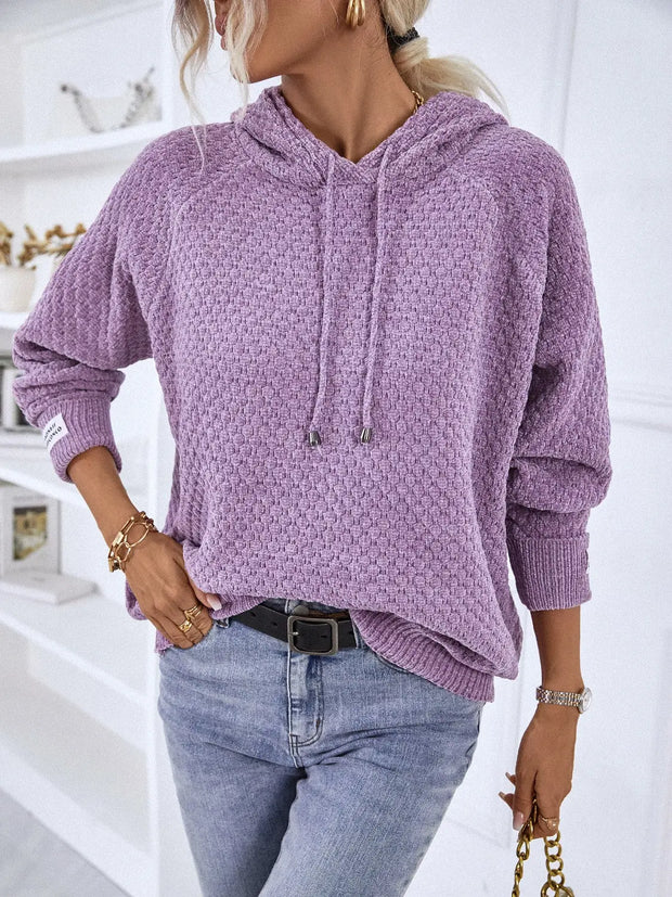 Texture Drawstring Long Sleeve Hooded Sweater - Fashionmj