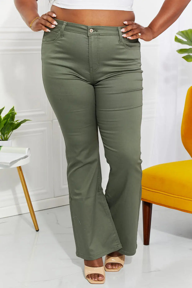 Zenana Clementine Full Size High-Rise Bootcut Jeans in Olive - Fashionmj