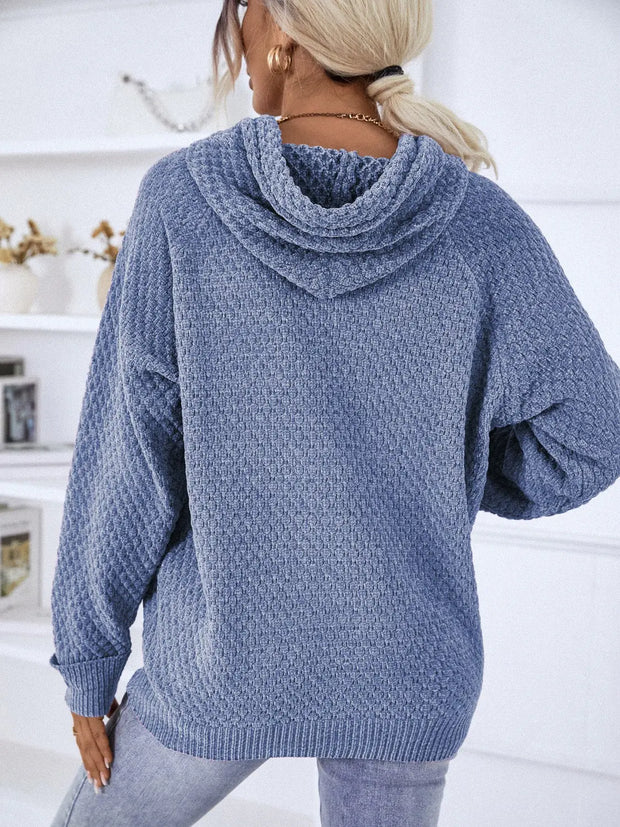 Texture Drawstring Long Sleeve Hooded Sweater - Fashionmj