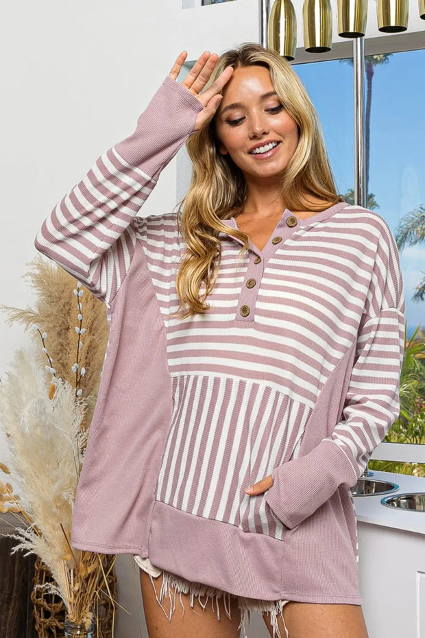 BiBi Striped Thumbhole Long Sleeve Top - Fashionmj