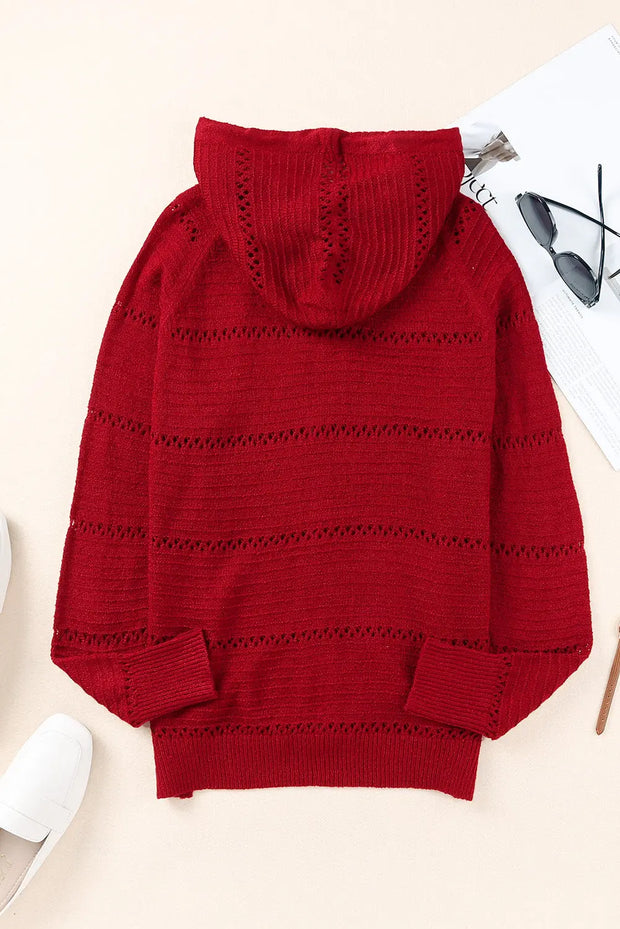 Zip-Up Raglan Sleeve Openwork Hooded Cardigan - Fashionmj