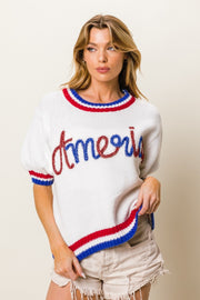 BiBi Metallic America Letter Short Sleeve Sweater - Fashionmj