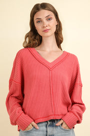 VERY J Exposed Seam V-Neck Ribbed Knit Top - Fashionmj