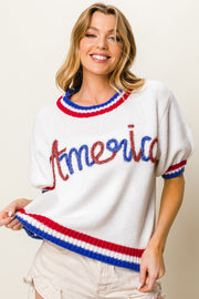 BiBi Metallic America Letter Short Sleeve Sweater - Fashionmj