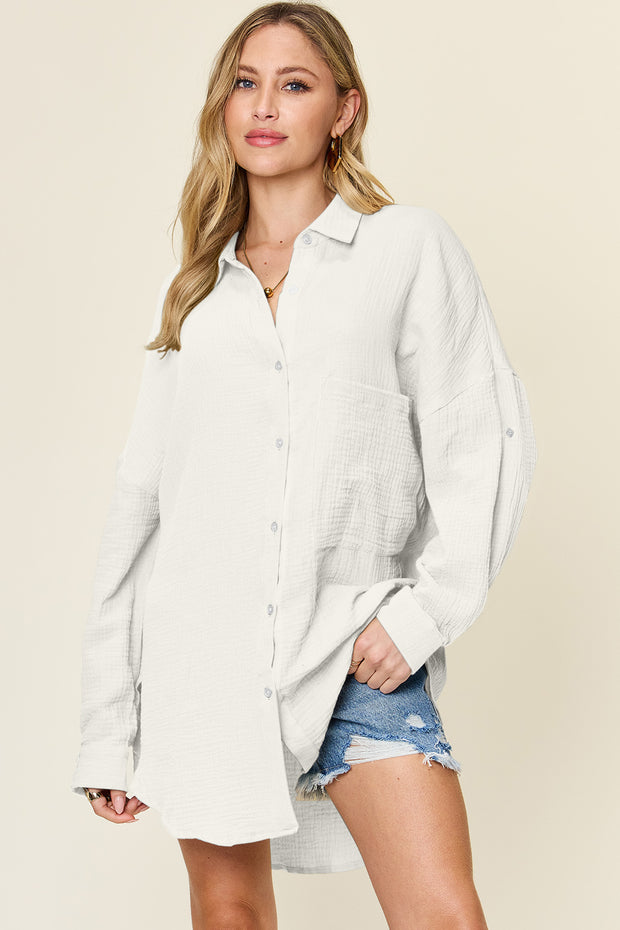 Double Take Full Size Pocketed Texture Button Up Shirt - Fashionmj