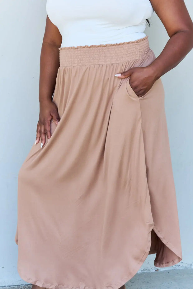 Doublju Comfort Princess Full Size High Waist Scoop Hem Maxi Skirt in Tan - Fashionmj