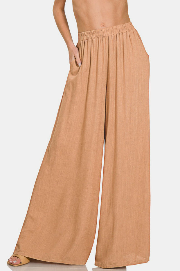 Zenana Pleated Linen Blend Wide Leg Pants - Fashionmj