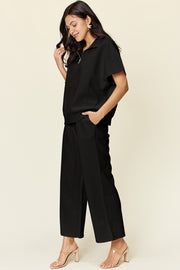 Double Take Full Size Texture Half Zip Short Sleeve Top and Pants Set - Fashionmj