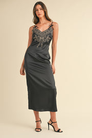 Mable Embroidered Cami Satin Midi Slit Dress - Fashionmj