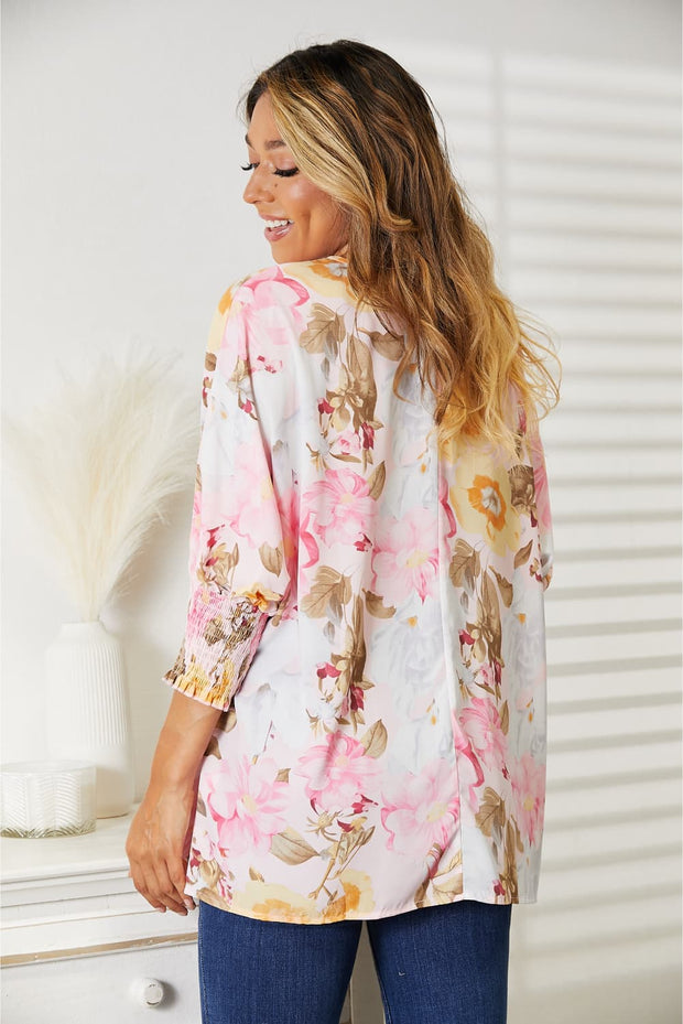 Double Take Floral Round Neck Three-Quarter Sleeve Top - Fashionmj