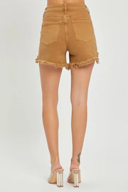 RISEN High Waist Frayed Hem Denim Shorts - Fashionmj