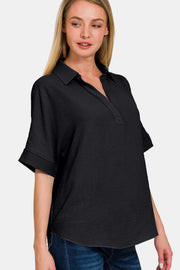 Zenana Full Size Texture Collared Neck Short Sleeve Top - Fashionmj