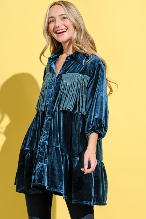 And The Why Fringe Detailed Velvet Shirt Dress - Fashionmj