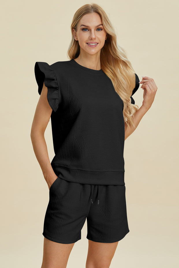 Double Take Full Size Texture Round Neck Ruffle Sleeve Top and Shorts Set - Fashionmj