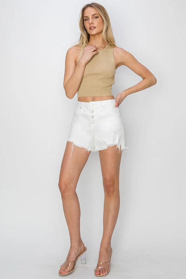 RISEN Button Fly Frayed Hem Denim Shorts - Fashionmj