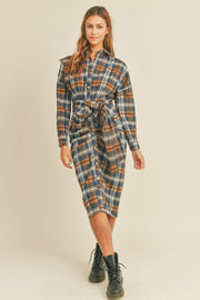 Mable Plaid Flannel Front Tie Button Down Shirt Dress - Fashionmj