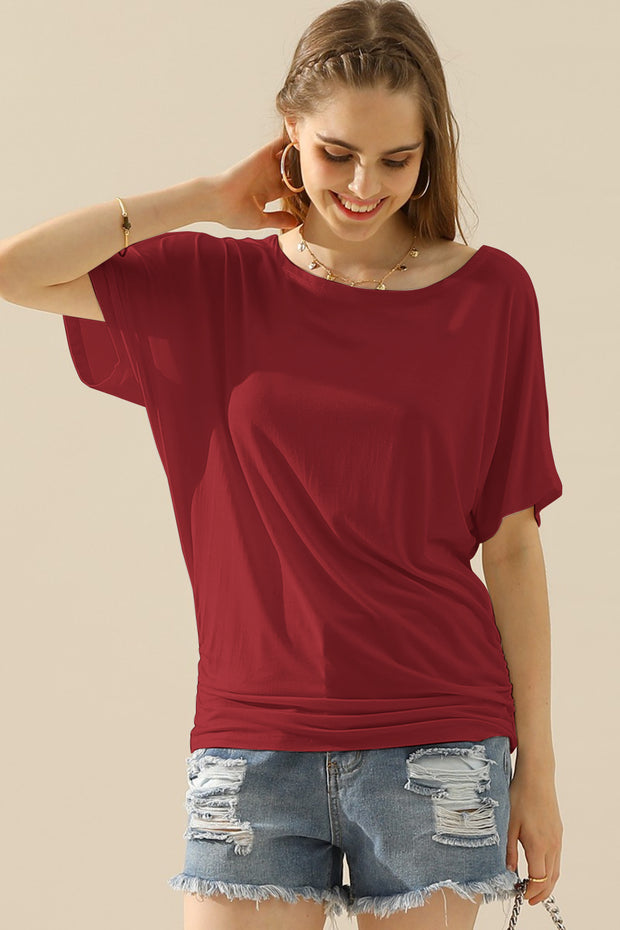 Ninexis Boat Neck Short Sleeve Ruched Side Top - Fashionmj