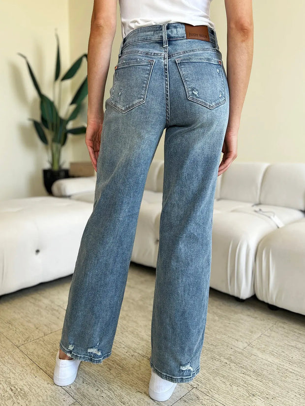 Judy Blue Full Size High Waist Distressed Straight Jeans - Fashionmj