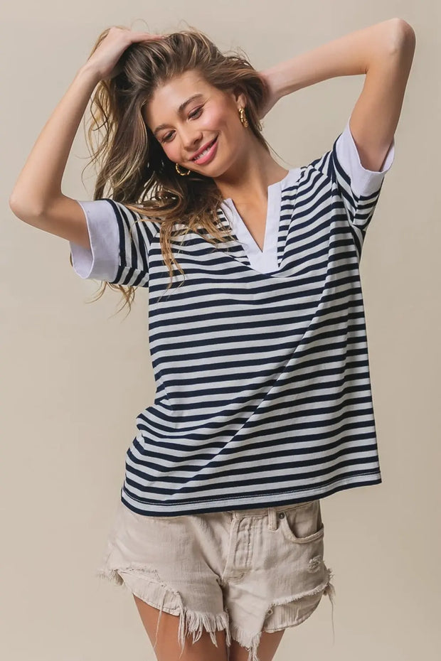 BiBi Contrast Striped Notched Knit Top - Fashionmj