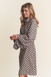 J.NNA Geometric Balloon Long Sleeve Midi Dress - Fashionmj