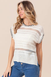 BiBi Stitch Edge Pointelle Side Slit Sweater Vest - Fashionmj