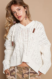 POL Rib Weave Sleeves Hooded Cable Knit Sweater - Fashionmj