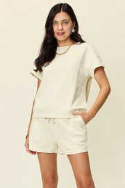 Double Take Full Size Texture Short Sleeve T-Shirt and Drawstring Shorts Set - Fashionmj