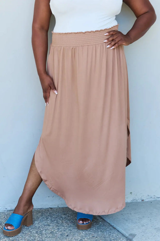 Doublju Comfort Princess Full Size High Waist Scoop Hem Maxi Skirt in Tan - Fashionmj