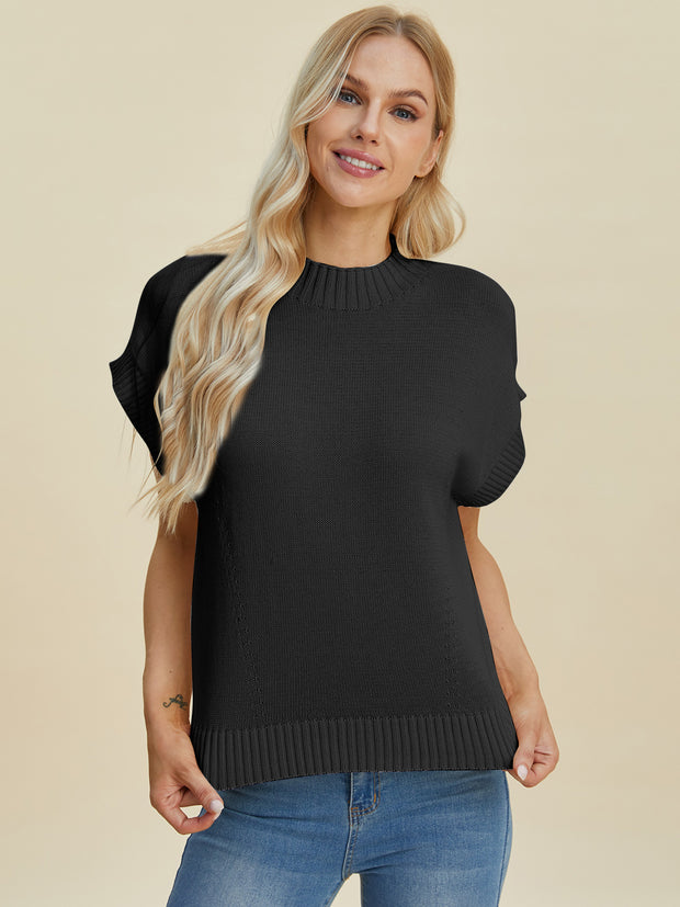 Double Take Full Size Mock Neck Short Sleeve Sweater - Fashionmj